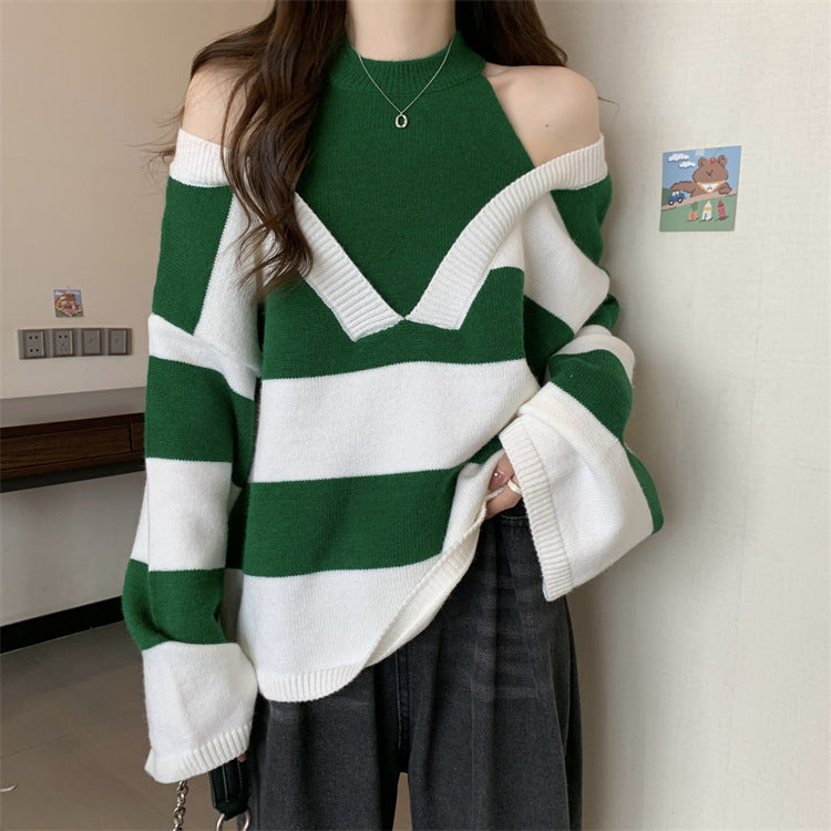 Women's V-neck oversized sweater with fashionable striped pattern and open shoulder design NOVAE