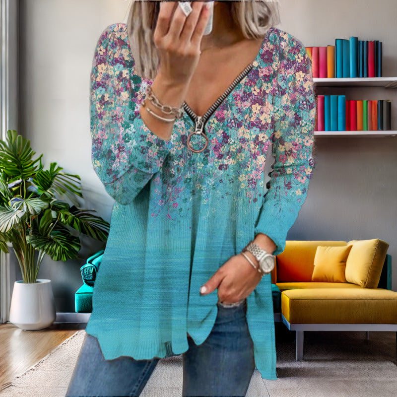 Women's long-sleeved shirt with colorful floral pattern and modern zipper NOVAE