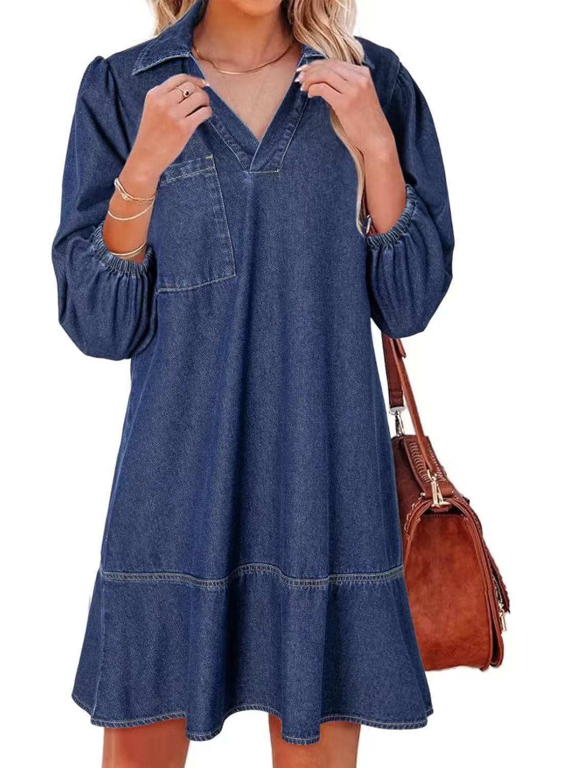 Women's denim dress with voluminous sleeves and side pocket NOVAE