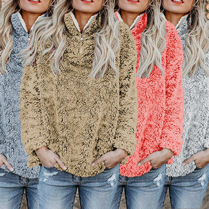 Women's Fluffy Fleece Pullover Jacket with High Collar and Zipper NOVAE