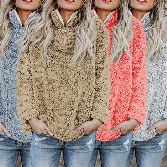Women's Fluffy Fleece Pullover Jacket with High Collar and Zipper NOVAE