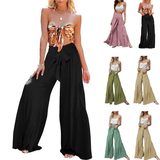 Women's wide-leg high-waisted trousers with elegant pleats and tie belt NOVAE