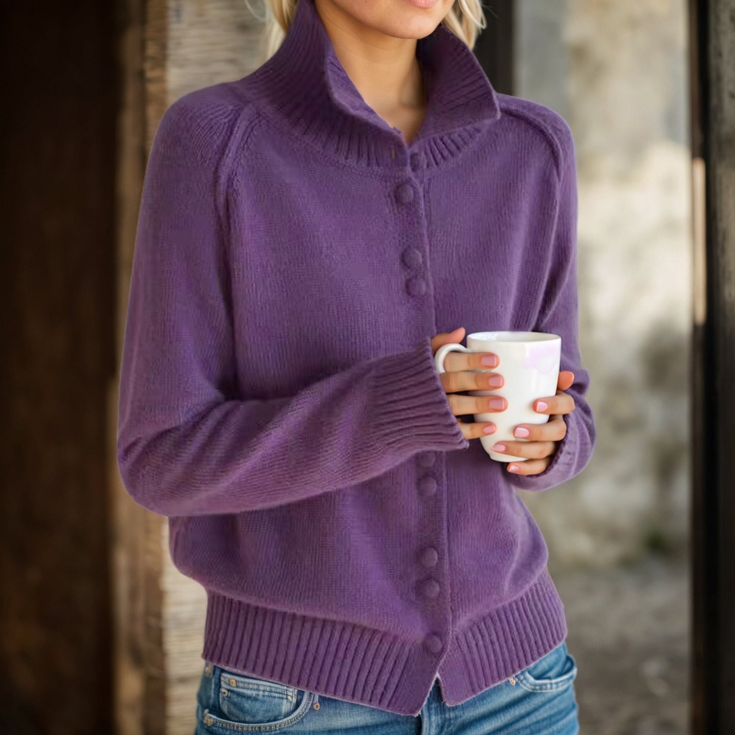 Women's cardigan with high collar and elegant button details NOVAE