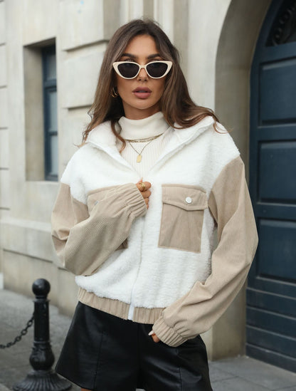 Women's fleece jacket with hood and fashionable corduroy detail NOVAE