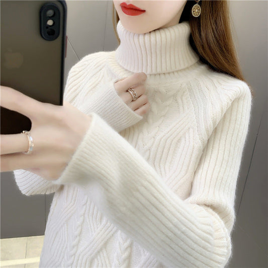 Women's knitted sweater with high collar and fine cable pattern NOVAE
