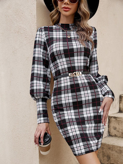 Women's figure-hugging plaid dress with high neckline and puff sleeves NOVAE