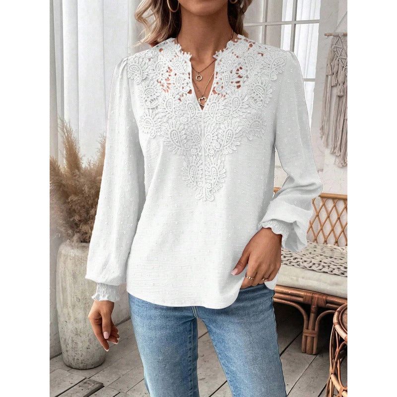 Women's blouse with embroidered V-neck and long sleeves NOVAE