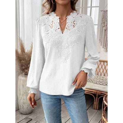 Women's blouse with embroidered V-neck and long sleeves NOVAE