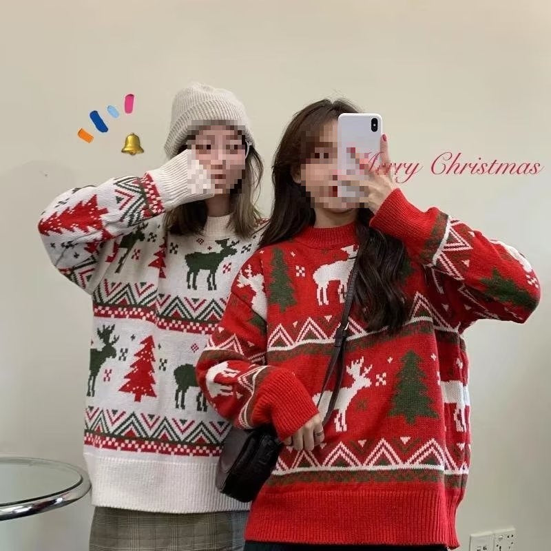 Women's chunky knit sweater with festive reindeer motif and round neckline NOVAE