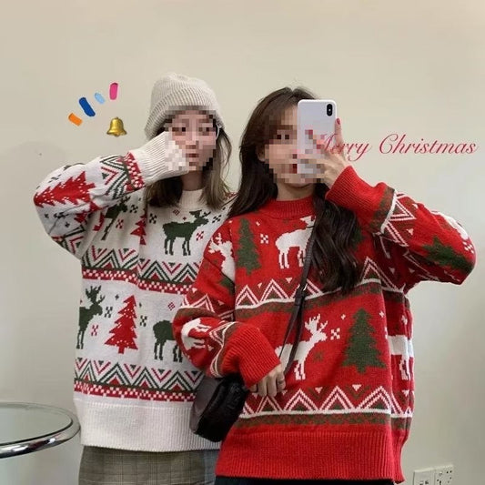 Women's chunky knit sweater with festive reindeer motif and round neckline NOVAE