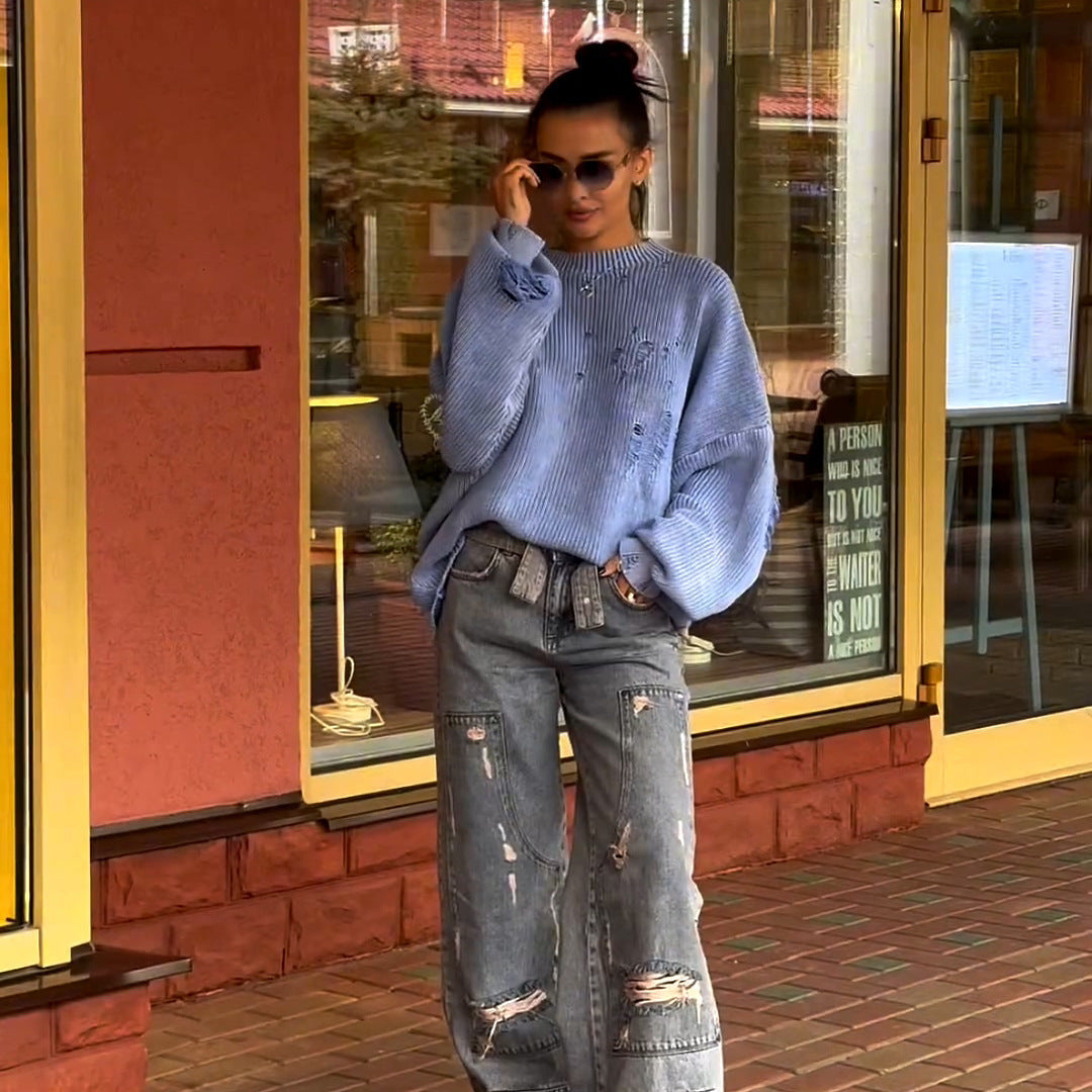 Women's casual sweater with fashionable ripped design and voluminous sleeves NOVAE