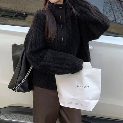 Women's Cozy Knit Sweater with High Collar and Button Details NOVAE