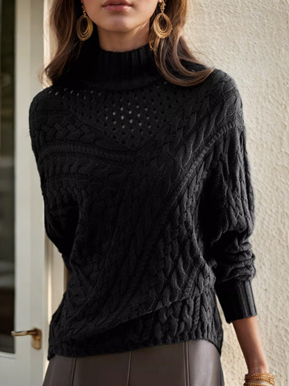 Women's knit sweater with high collar and detailed cable pattern NOVAE