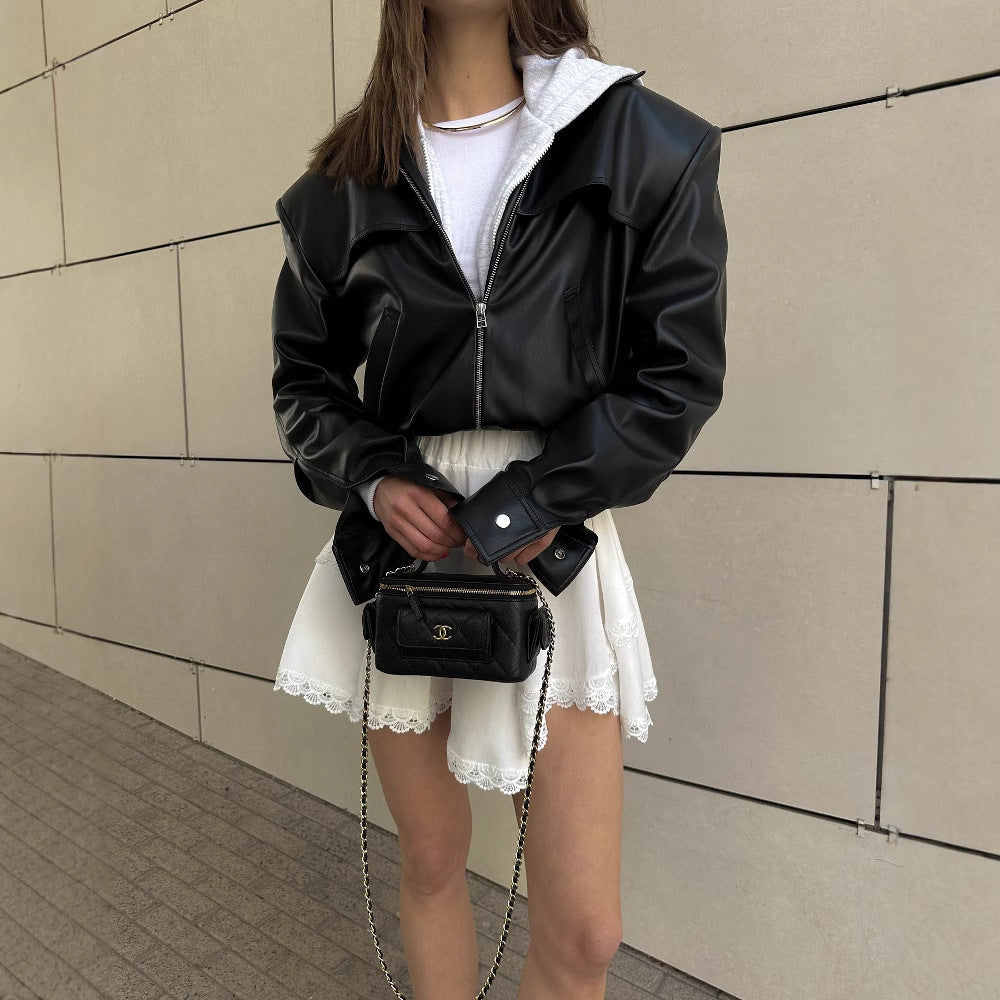 Women's fashionable cropped leather jacket NOVAE