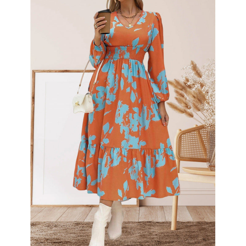Women's long-sleeved maxi dress with floral patterns and voluminous sleeves NOVAE