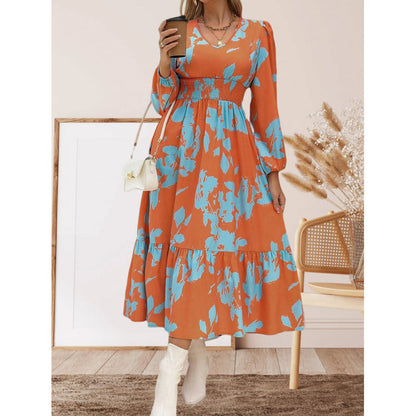 Women's long-sleeved maxi dress with floral patterns and voluminous sleeves NOVAE