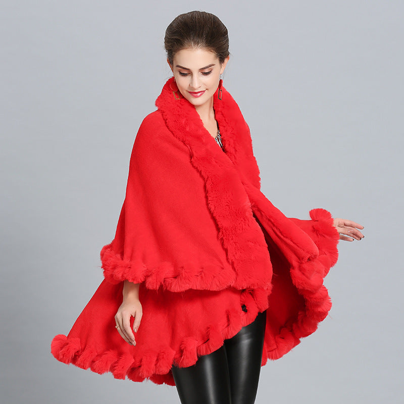 Women's hooded poncho with luxurious fur collar and elegant trim NOVAE