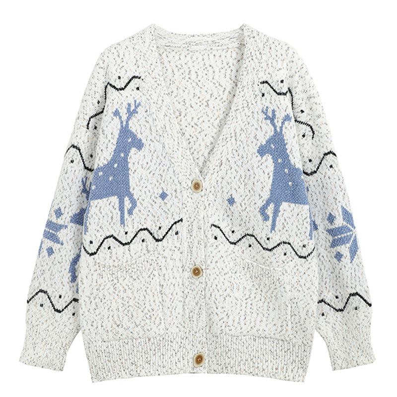 Women's Cozy Cardigan with Reindeer Motif and Pockets NOVAE