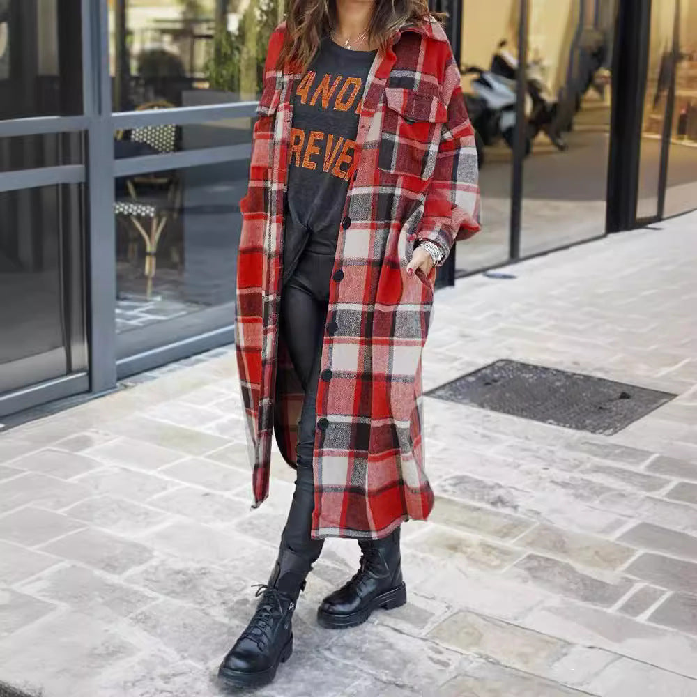 Women's Checkered Long Coat with Practical Pockets NOVAE
