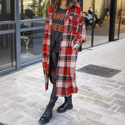 Women's Checkered Long Coat with Practical Pockets NOVAE