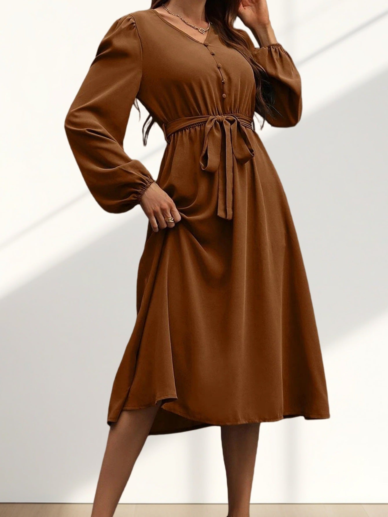 Women's midi dress with waist belt and button details NOVAE