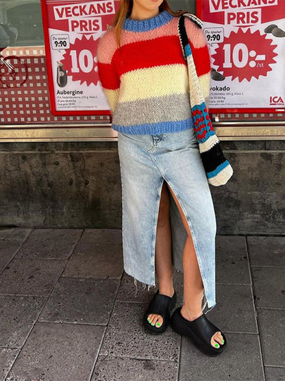 Women's colorful knit sweater with contrasting patterns NOVAE