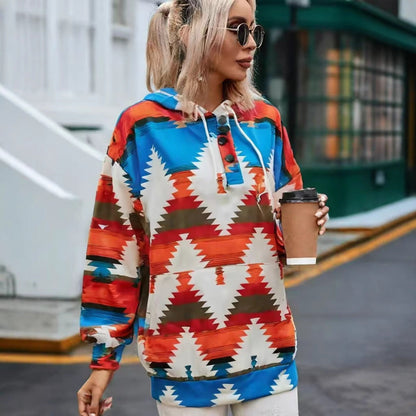 Women's hooded sweatshirt with creative color pattern and practical buttons NOVAE