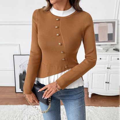 Women's Elegant Knit Top with Contrasting Shirt Collar NOVAE