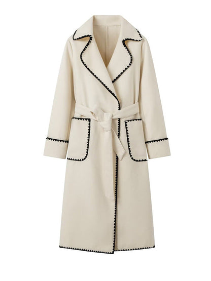 Women's elegant long coat with tie belt and contrasting piping NOVAE