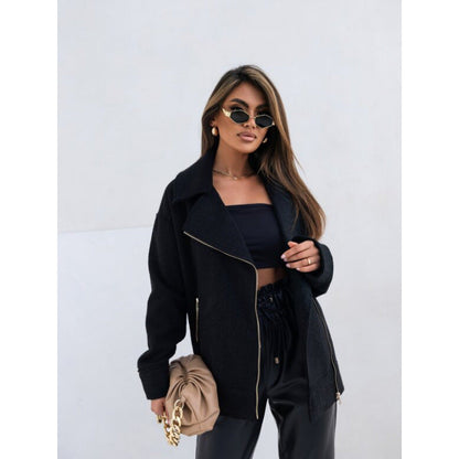 Women's elegant fluffy biker jacket with gold zipper details NOVAE