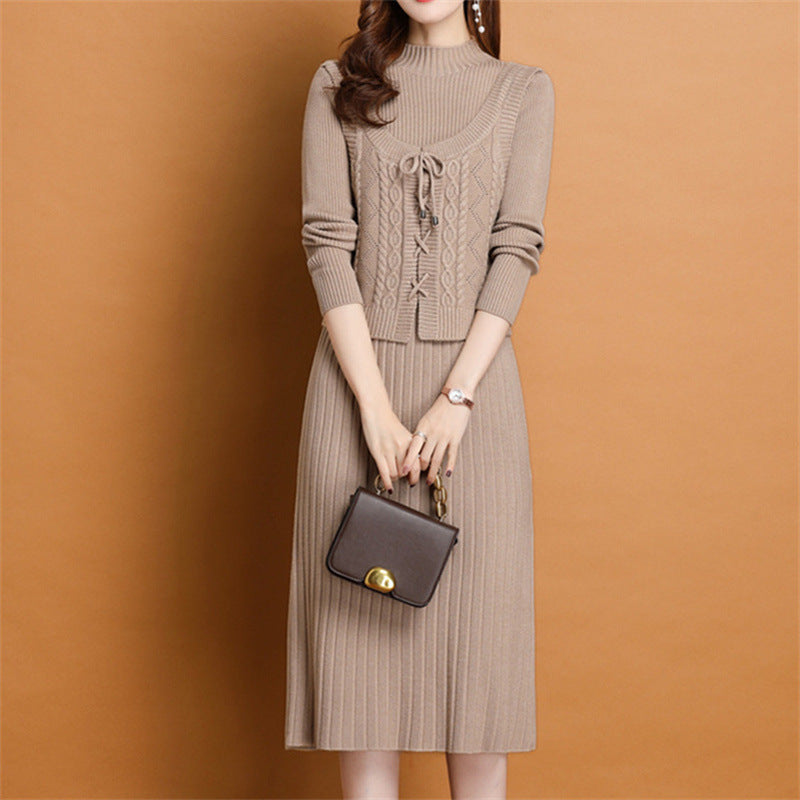 Women's elegant knit dress with high neckline and decorative cable design NOVAE