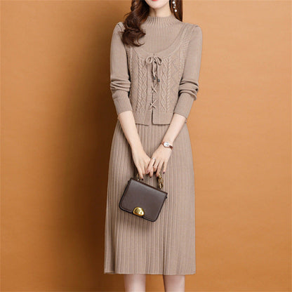 Women's elegant knit dress with high neckline and decorative cable design NOVAE