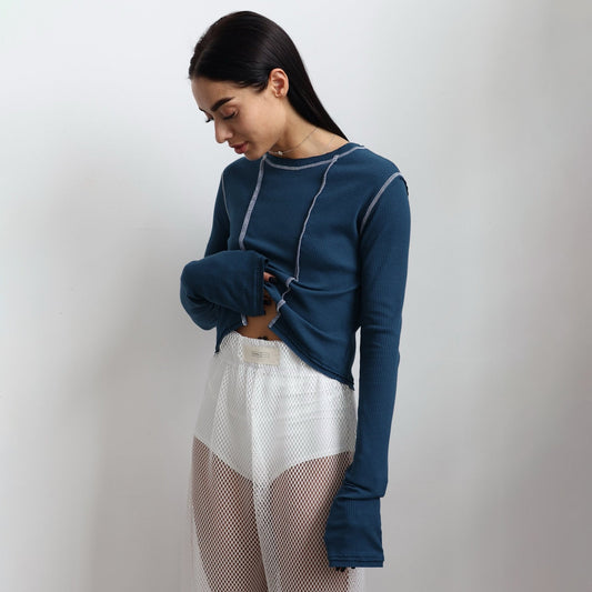 Women's casual long-sleeved top with retro-inspired ribbed texture and contrasting seams NOVAE