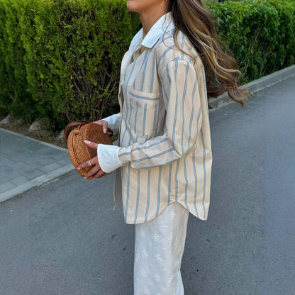 Women's elegant shirt blouse with fine stripes and classic button details NOVAE