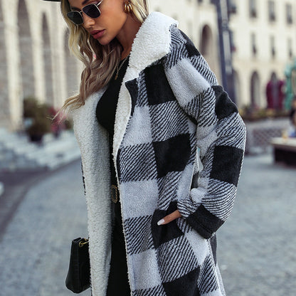 Women's fashionable plush coat with check pattern and soft lining NOVAE