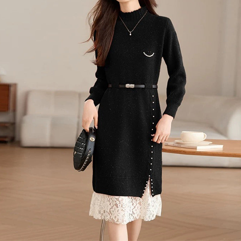 Women's knit dress with decorative button details and lace NOVAE
