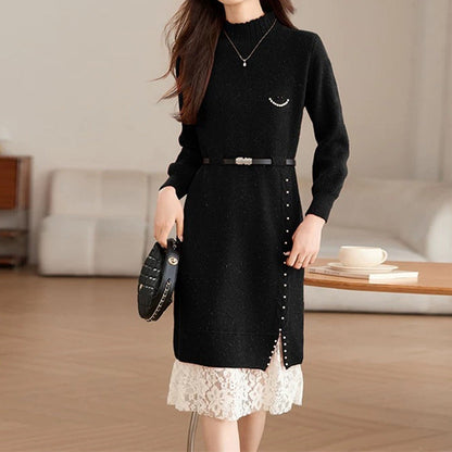 Women's knit dress with decorative button details and lace NOVAE
