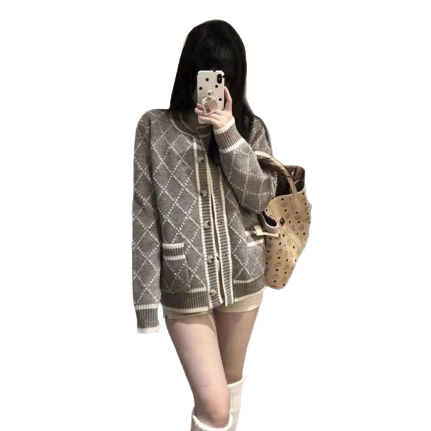 Women's fashionable knit cardigan with elegant diamond pattern and gold buttons NOVAE