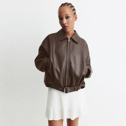 Women's fashionable faux leather jacket with a wide cut and waist belt NOVAE