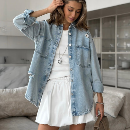 Women's denim jacket with a casual oversized cut and destructive details NOVAE