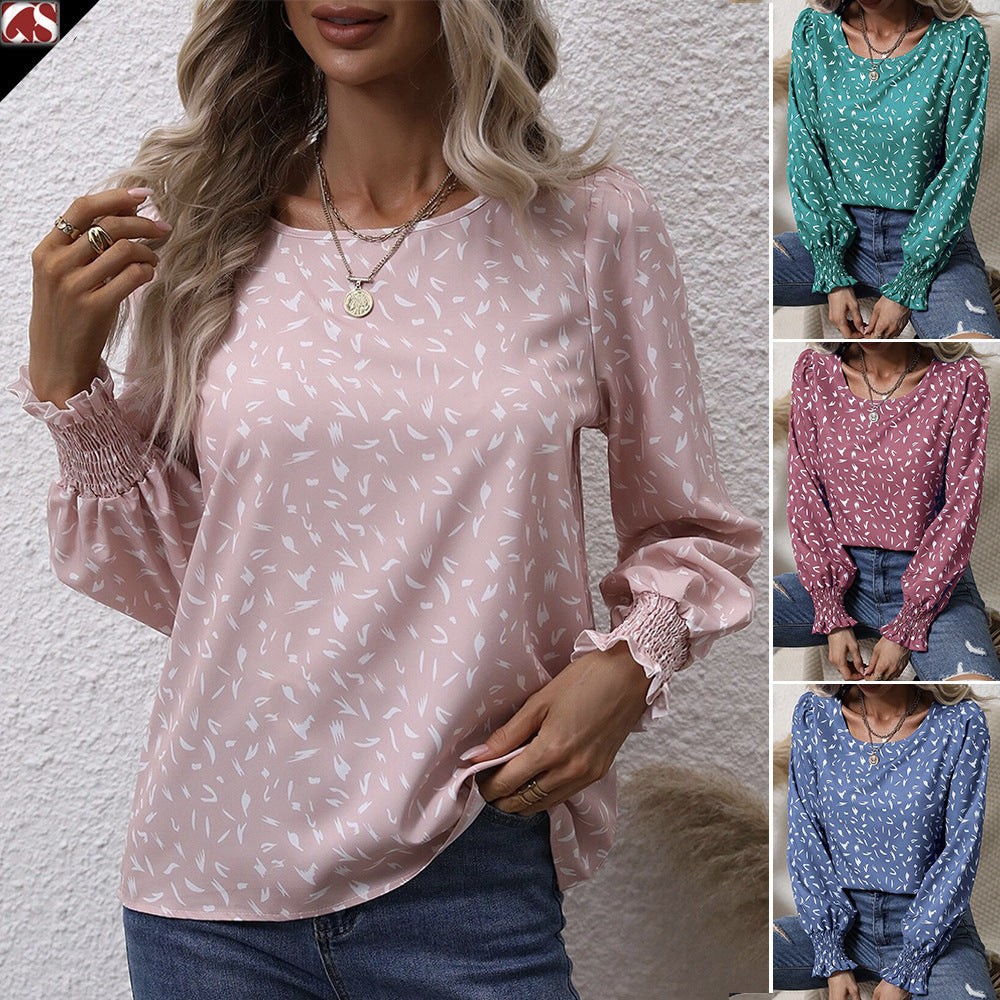 Women's elegant blouse with sophisticated puff sleeves and delicate pattern NOVAE