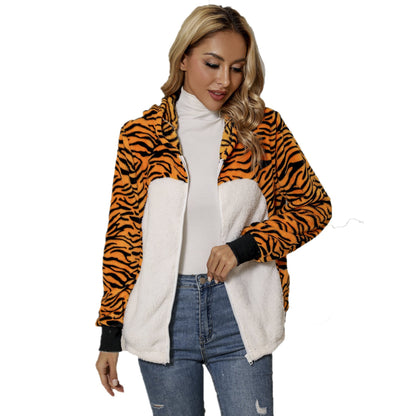 Women's plush jacket in tiger design with high collar and side pockets NOVAE