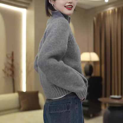 Women's knit sweater with high collar and practical zipper NOVAE