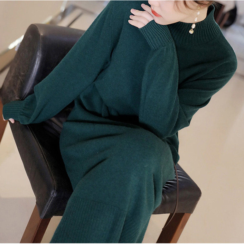 Women's Elegant Knit Maxi Dress with High Neck and Decorative Buttons NOVAE