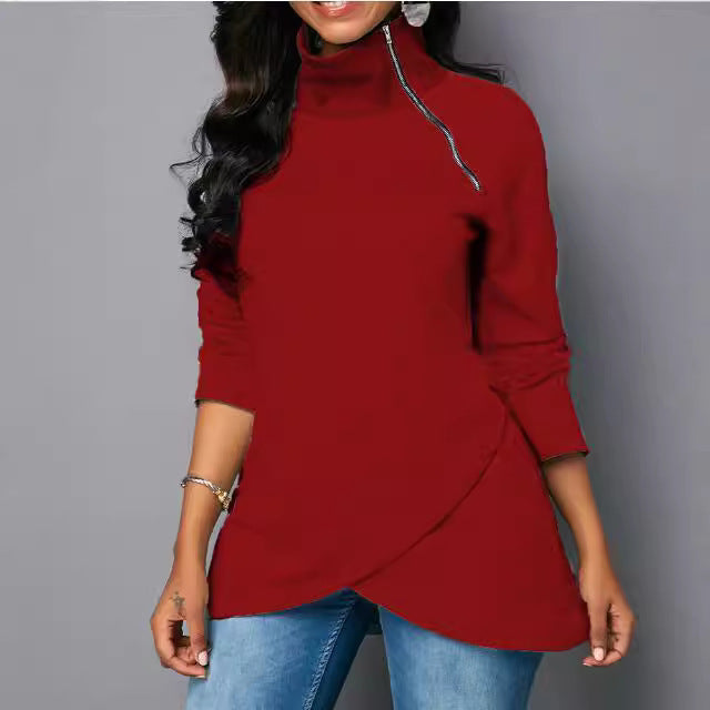 Women's round neck shirt with high collar and zipper NOVAE