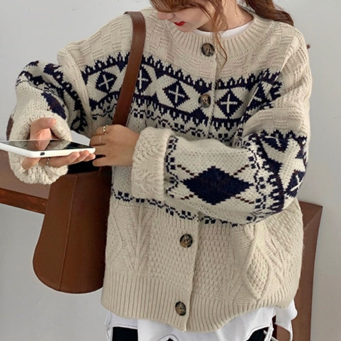 Women's chunky knit jacket with decorative Norwegian pattern NOVAE
