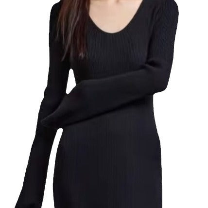 Women's elegant maxi dress with fine ribbing and V-neck NOVAE