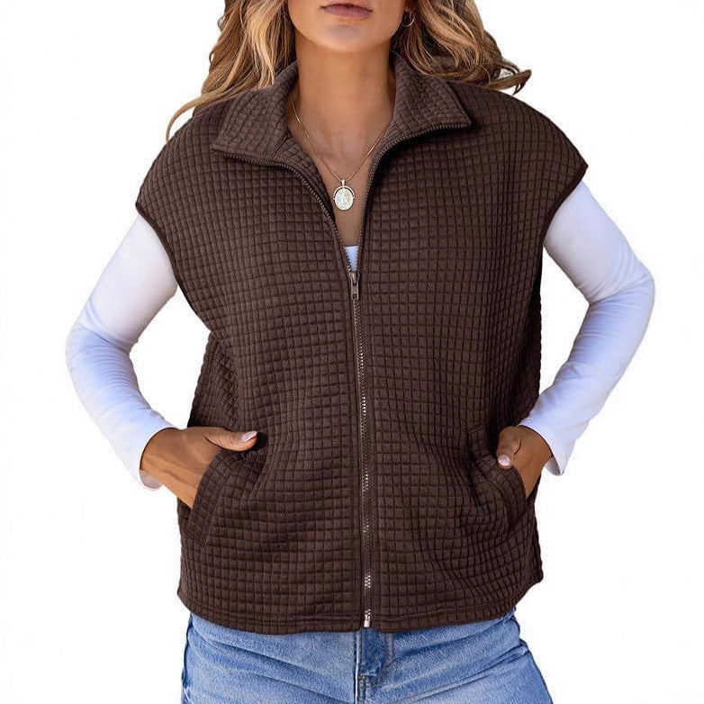 Women's Lightweight Waffle Knit Vest with Pockets and Stand-Up Collar NOVAE