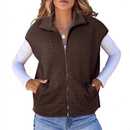 Women's Lightweight Waffle Knit Vest with Pockets and Stand-Up Collar NOVAE