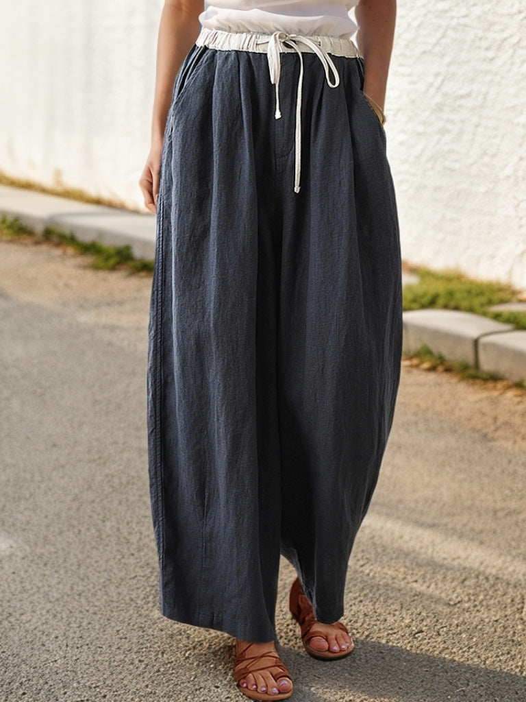 Women's wide-leg linen trousers with elasticated waistband and stylish drawstring NOVAE